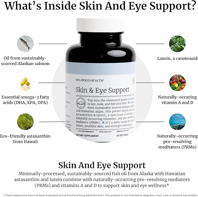 BIG BOLD HEALTH Skin & Eye Support - Omega-3 Complex with Alaskan Salmon Oil, DHA, Astaxanthin & Lutein for Healthy Eyes & Skin - 60 Softgels