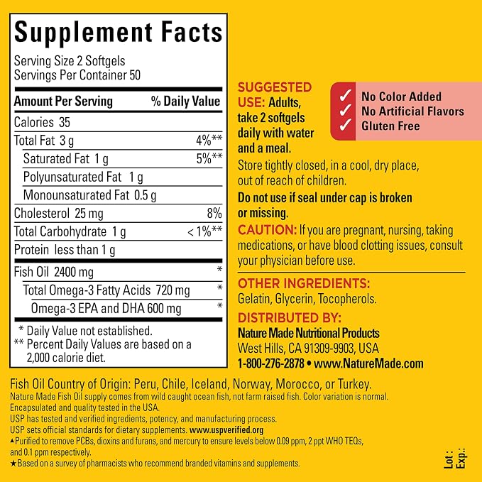 Nature Made Fish Oil Omega 3 Supplements, 1200mg Softgels, Omega 3 Fish Oil for Healthy Heart Support, 100 Softgels, 50 Day Supply