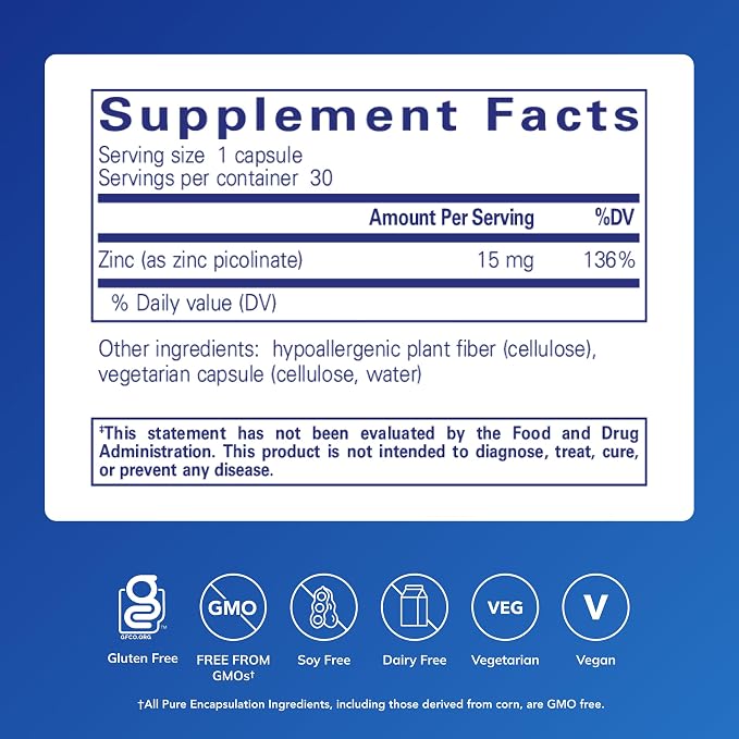Pure Encapsulations Zinc 15 mg - Zinc Picolinate Supplement for Immune System Support, Growth & Development - for Wound Healing - 30 Capsules