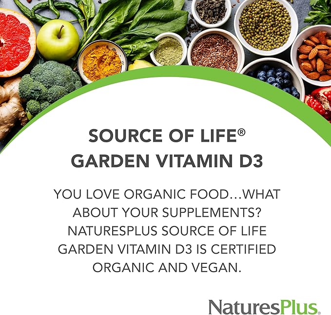 NaturesPlus Source of Life Garden Vitamin D3 - 60 Capsules - Immune System Support - USDA Certified Organic, Non-GMO, Vegan, Gluten Free - 30 Servings