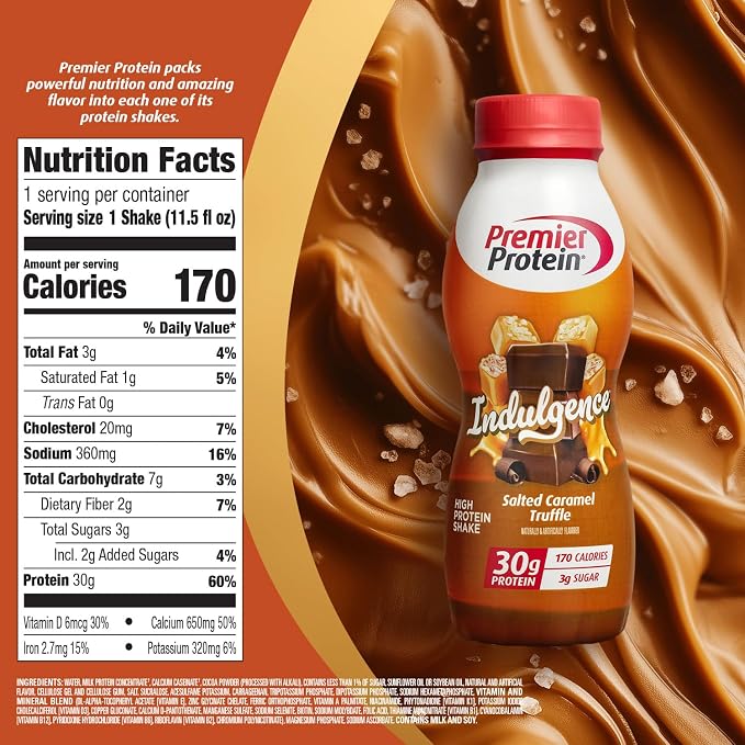 Premier Protein Shake INDULGENCE, Salted Caramel Truffle, 30g Protein, 170 Calories, 3g Sugar, 11.5 fl oz, 12 Pack (Packaging May Vary)