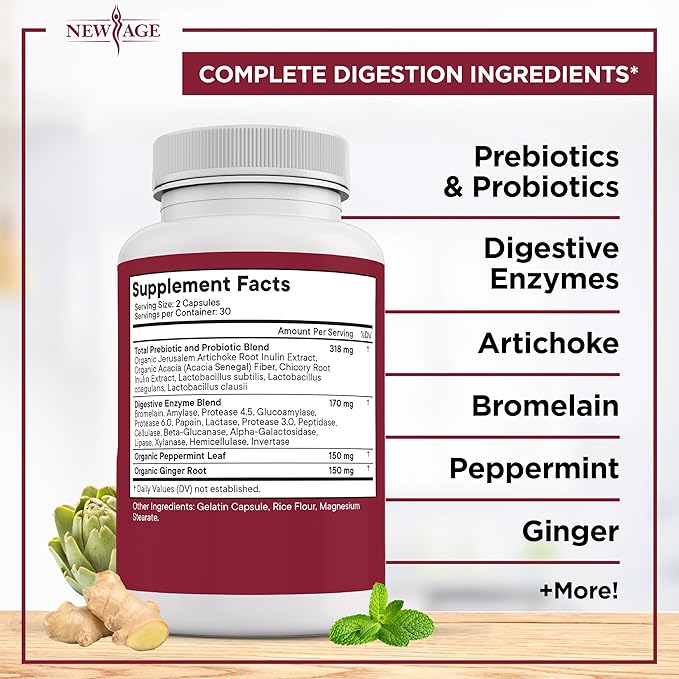 NEW AGE Digestive Enzymes for Gut Health - Probiotic Multi Enzymes with Prebiotics and Probiotics with Lipase for Women and Men for Digestive Health, Daily Enzymes for Digestion - 120 Count