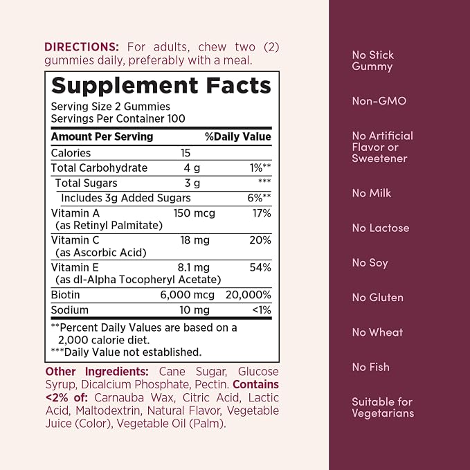 Nature's Bounty Optimal Solutions Advanced Hair, Skin and Nails Pectin Gummies, 2X Biotin Per Serving, No Stick Gummy, Vegetarian Formula, Strawberry Flavor, 200 ct, 100 Total Servings (Pack of 2)