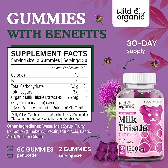Wild & Organic Milk Thistle Gummies 1500 mg - Milk Thistle Supplement for Liver Cleanse Detox - Silymarin Liver Detox Gummies - 30 Days Supply - 60 Vegan, Non-GMO Chews