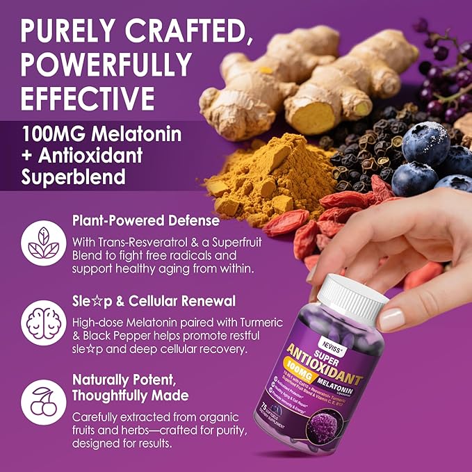Melatonin 100mg for Antioxidant & Cognitive Health, Ultra High Dose Melatonin with CoQ10, Turmeric, Trans-Resveratrol, Vitamin B12 C E for Brain Anti-Aging, Cellular Repair and Energy, 150 Softgels