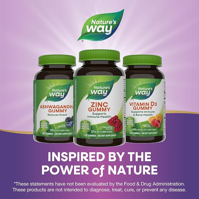 Nature's Way Zinc Gummies, Immune Support Gummy with 100% Daily Value of Zinc per 1-Gummy Serving*, Adults & Kids 9+, Gluten Free, Plant-Based Pectin, Mixed Berry Flavored, 120 Gummies