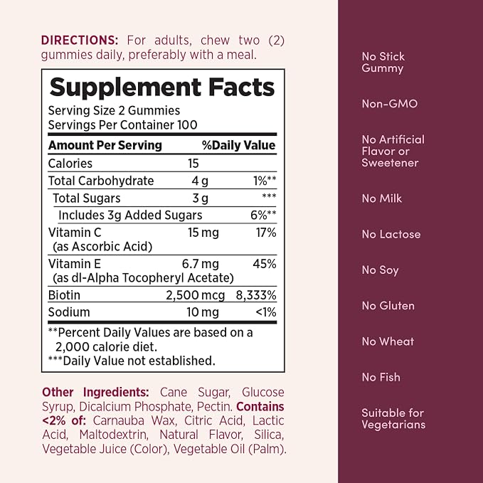 Nature's Bounty Optimal Solutions Hair, Skin and Nails Pectin Gummies, 2500 mcg Biotin Per Serving, No Stick Gummy, Vegetarian Formula, Strawberry Flavor, 200 Count, 100 Total Servings (Pack of 2)