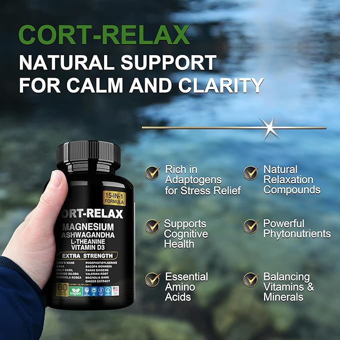 Super Calm Cortisol Supplement with Magnesium Glycinate, Ashwagandha KSM-66, L-Theanine, Phosphatidylserine, Ginkgo Biloba & Lions Mane for Calm, Focus, Mental Clarity, Relaxation, Sleep, Energy