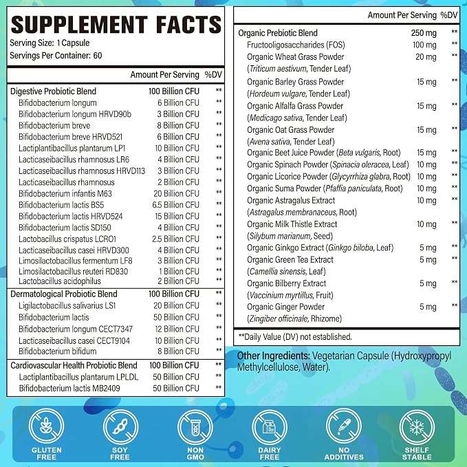 Probiotics for Women & Men - 300 Billion CFU, 24 Strains Probiotics + 15 Organic Herbs Prebiotics for Digestive, Gut Health, Immune, Constipation, Diarrhea & Whole-Body Health - 4 Months Supply