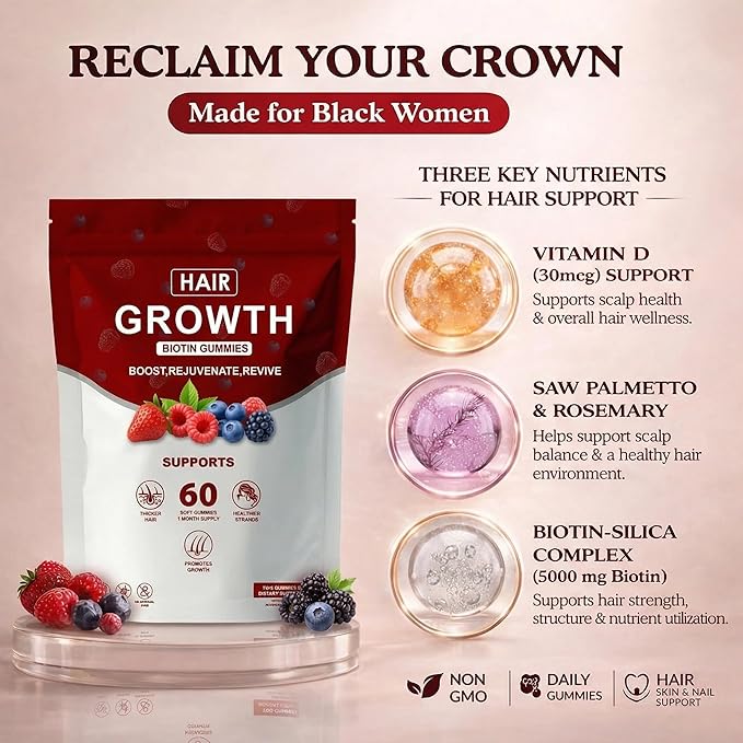 Hair Growth Gummies for Black Women, with Biotin-Silica Complex (5000mg Biotin) & Vitamin D (30mcg), Supports Healthy Hair Growth & Strength, Skin & Nail Care, Non-GMO, 60 Gummies