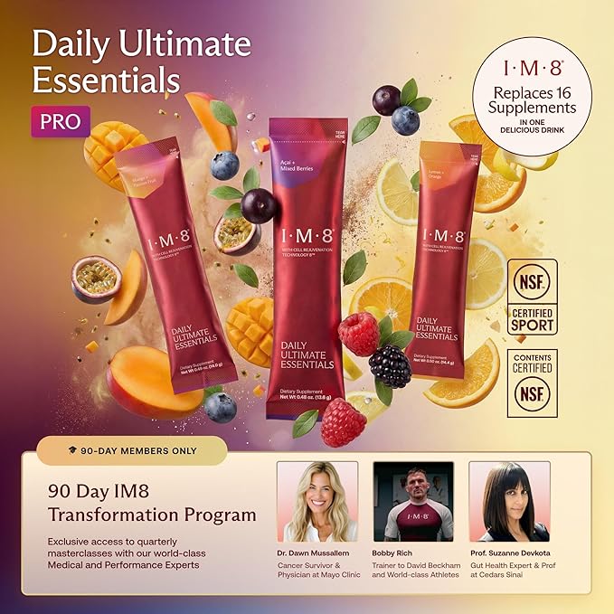 IM8 Daily Ultimate Essentials All-in-One Multivitamin Supplement, 92 Nutrient Rich Ingredients CoQ10, Probiotics, Vitamins, Greens, Gluten Free, Vegan (30 Packets, Variety Pack)