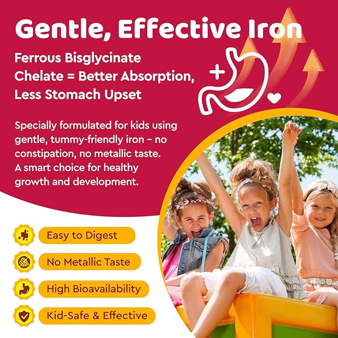 Iron Supplement Gummies for Kids, Kids Multivitamin with Iron Gummies - Zinc, Vitamin B Complex, A, C, D3, B12, Folate for Blood Builder & Energy Support, Iron Deficiency, Vegan Cherry 60ct