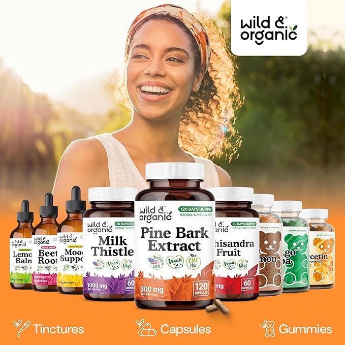 Wild & Organic Pine Bark Extract Capsules 300 mg - Antioxidant Supplement - 95% Proanthocyanidins - 120 Capsules - French Maritime Pine Bark Extract - 4-Month Supply - Pinus Maritima - Vegan, Non-GMO