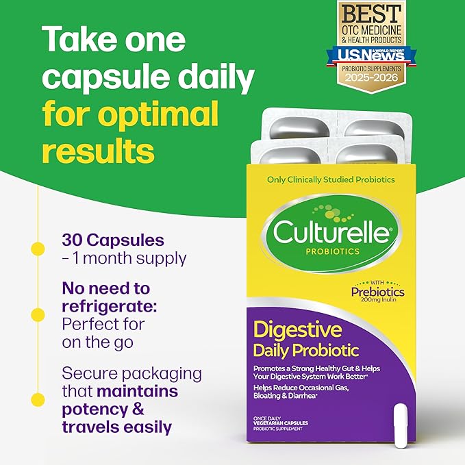 Culturelle Daily Probiotic Capsules For Men & Women, Most Clinically Studied Probiotic Strain, Digestive & Gut Health, Supports Occasional Diarrhea, Gas & Bloating, 1 Month Supply, 30 CT