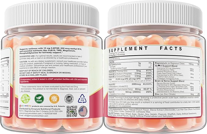 L-Methylfolate 15mg & 2,000 mcg Methyl B12 Gummies, Extra Strength Methylation Support for Women and Men, Active 5-MTHF with CoQ10, Magnesium, TMG, L-Theanine, B1 B2 B6 B9 for Cognitive, Energy,60Cts