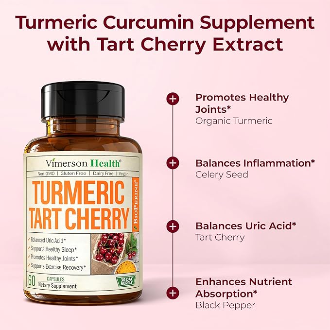 Tart Cherry Capsules – Turmeric Curcumin Supplement with Tart Cherry Extract & Celery Seed Extract – Turmeric Curcumin with Black Pepper for Uric Acid Balance, Joint Health & Sleep Aid - 60 Count