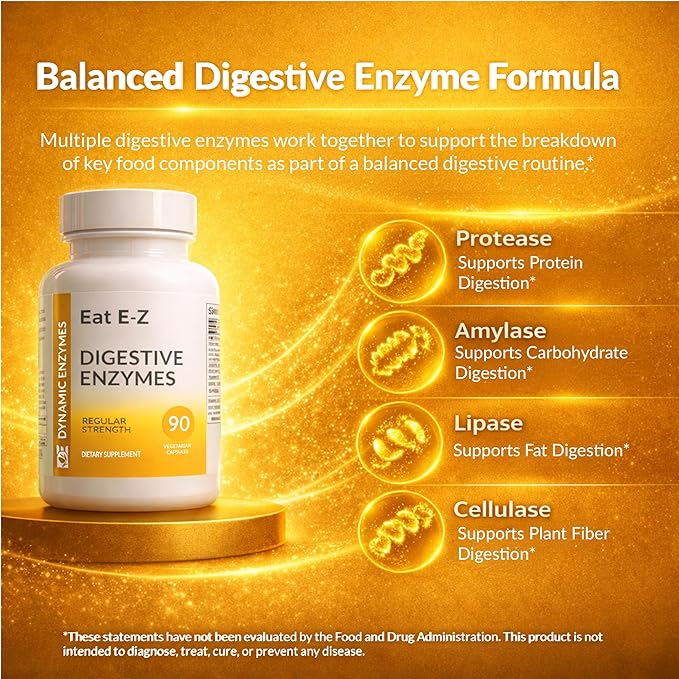 Eat E-Z Digestive Enzymes – Broad-Spectrum Enzyme Blend for Proteins, Carbohydrates, Fats, Dairy & Fiber – Supports Digestive Comfort & Occasional Bloating – 90 Capsules