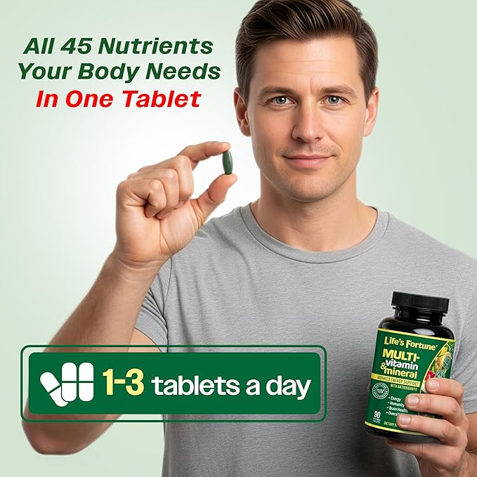 Life's Fortune Whole Food Multivitamin & Mineral Supplement for Men & Women – Energy Support Vitamins for Immune, Brain & Metabolism Support – Iron Free, 90 Vegetarian Tablets