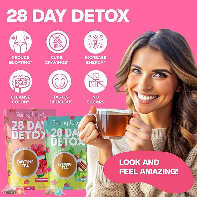 Skinny Boost Detox Tea Kit Slimming Tea for Weight, Metabolism, Energy, Bloating & Colon Cleanse – Green Tea, Herbal, Vegan, Keto, Non-GMO, Sugar-Free-2 PACK –1 Daytime Hibiscus (28 Bags) + 1 Evening Apple -(14 Bags)