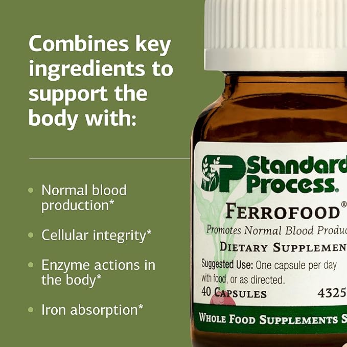 Standard Process Ferrofood - Iron Supplement to Support Normal Blood Production - Aid Iron Absorption with Vitamin C - Health Supplement with Alfalfa, Spanish Moss, Vitamin B12 & More - 40 Capsules