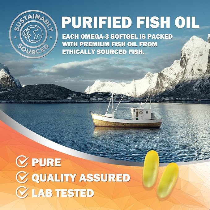 Omega 3 Fish Oil Supplements - 2400mg Fish Oil Per Serving - Triple Strength Omega-3 with EPA & DHA Fatty Acids - Natural Heart, Brain & Immune Support - Wild Caught, Bottled in USA - 180 Softgels
