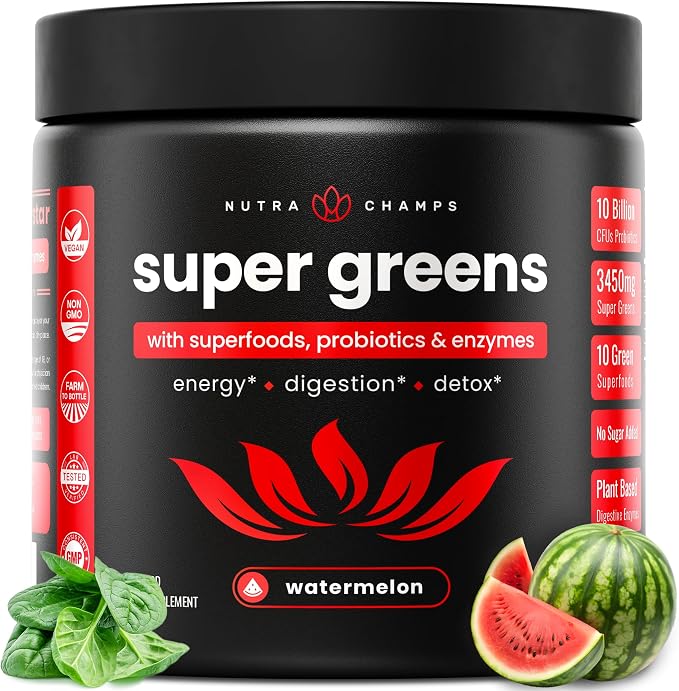 NutraChamps Super Greens Powder Premium Superfood | 20+ Organic Green Veggie Whole Foods | Alfalfa, Spirulina, Chlorella & More | Antioxidant, Digestive Enzyme & Probiotic Blends | Watermelon