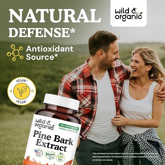 Wild & Organic Pine Bark Extract Capsules 300 mg - Antioxidant Supplement - 95% Proanthocyanidins - 120 Capsules - French Maritime Pine Bark Extract - 4-Month Supply - Pinus Maritima - Vegan, Non-GMO