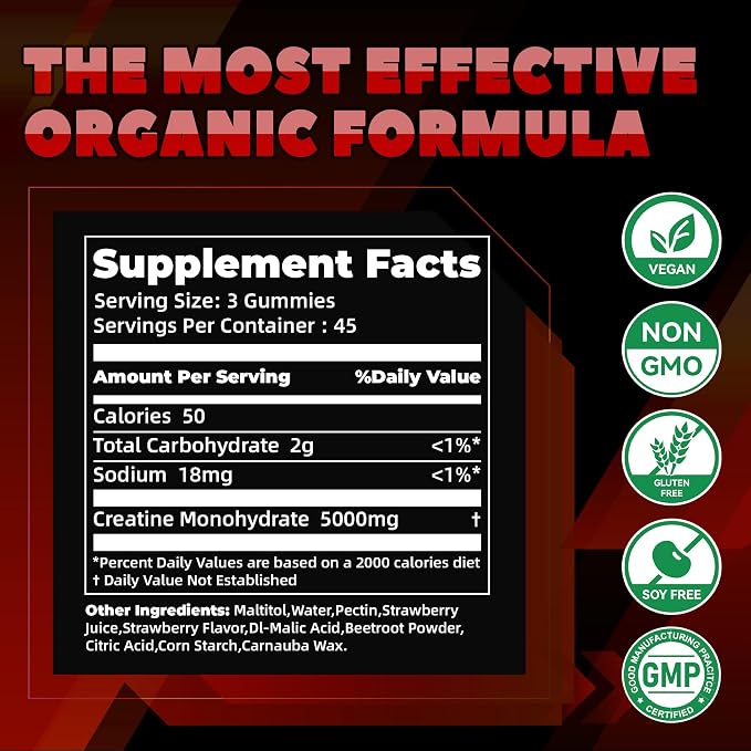 Creatine Monohydrate Gummies (5g) – Pre-Workout Energy & Muscle Growth Support for Men & Women | Strawberry Electrolyte Gummies (135 Count)