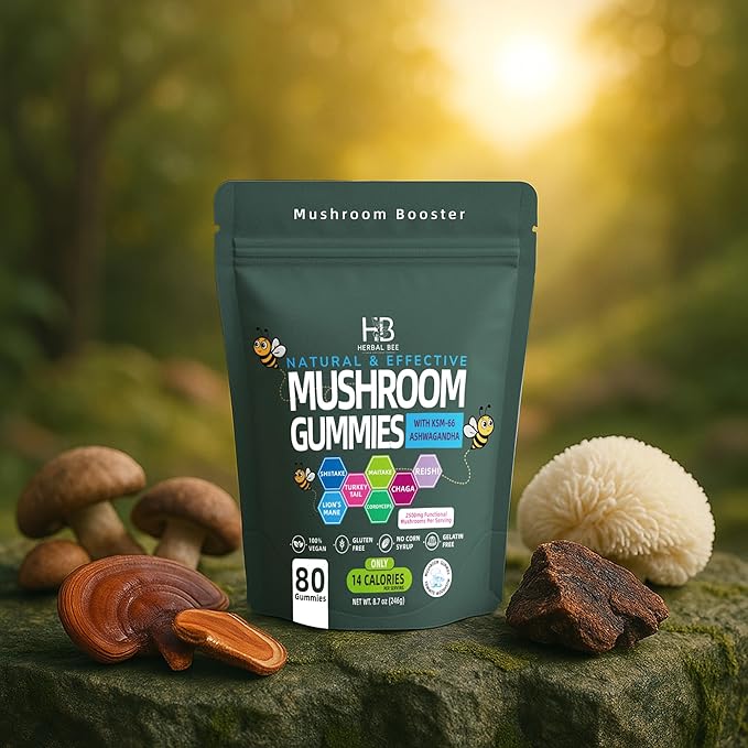 Organic Ashwagandha & Lions Mane Mushroom Gummies - Reishi, Cordyceps, Turkey Tail, Maitake, Shitake & Chaga, Immune Support & defense, Brain Boost, Vegan, All-in-One Superfood supplement | 80 gummies