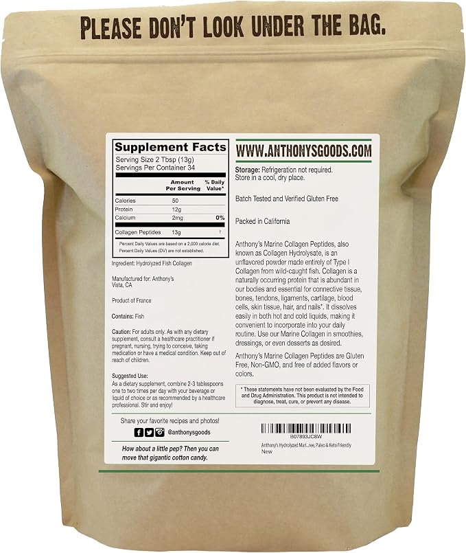 Anthony's Hydrolyzed Marine Collagen Peptides, Gluten-Free, Paleo and Keto Friendly, Unflavored, 1-Pound (Pack of 2)