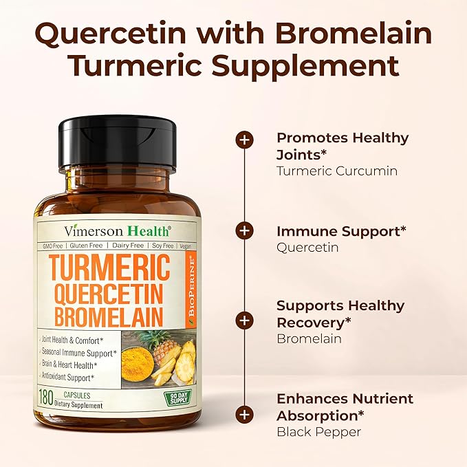 Quercetin with Bromelain Turmeric Curcumin Supplement – Allergy Relief, Immune & Joint Support – Organic Turmeric Supplement w/Bioperine for Enhanced Absorption, 180 Quercetin 500mg Capsules