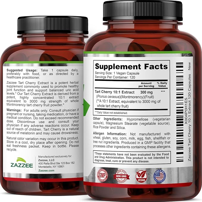Zazzee Tart Cherry 10:1 Extract, 120 Vegan Capsules, 4 Month Supply, Montmorency Cherry, Certified Kosher, Joint & Uric Acid Support, Antioxidant Support Formula, Non-GMO, Made in the USA
