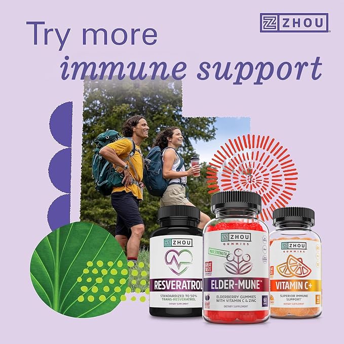 Zhou Elder-Mune Elderberry Gummies with Vitamin C and Zinc - Daily Immune Support Supplement for Women & Men, Chewable Natural Black Elderberry for Adults & Children 4 & Up - 60 Gummies