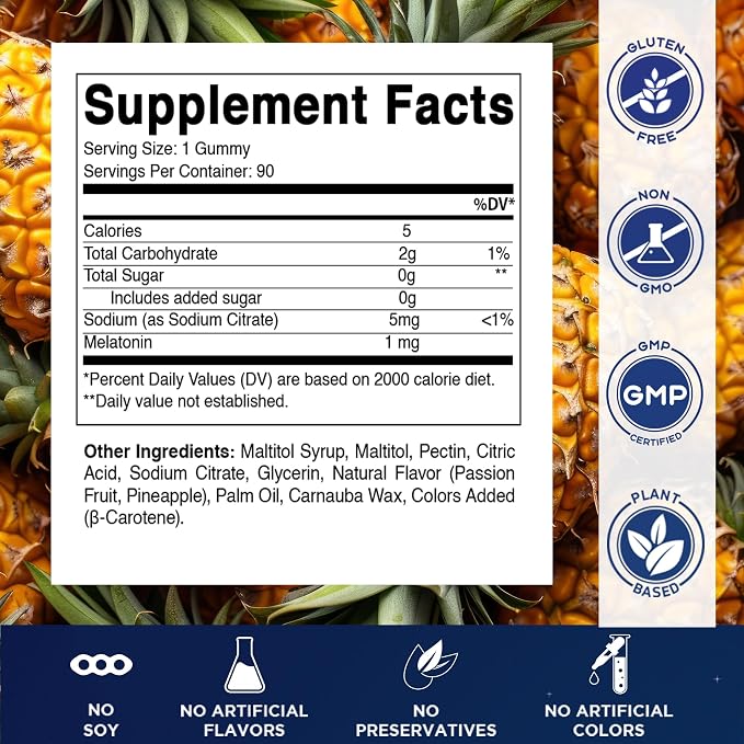 Vitamatic Sugar Free Kids Melatonin 1mg, 90 Gummies, Pineapple & passionfruit Flavored Gummies, 90 Days Supply