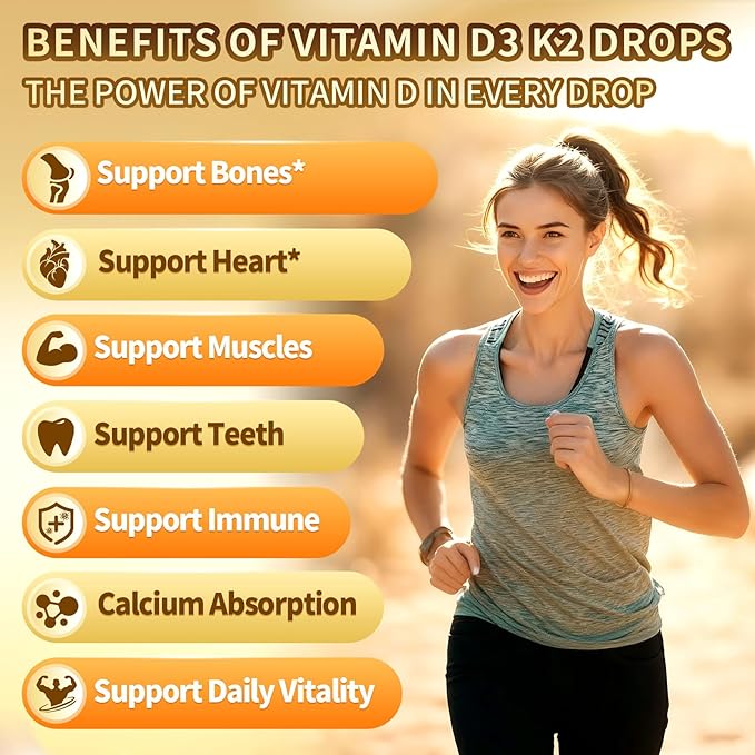 Vitamin D3 K2 Drops, D3 20000 IU & K2 as MK-7 400mcg with Magnesium, Calcium, Zinc & Omega 3 for Immune*, Mood*, Bone* Health, Orange Flavor Vitamin D Liquid Drops Supplement(1 Bottle)