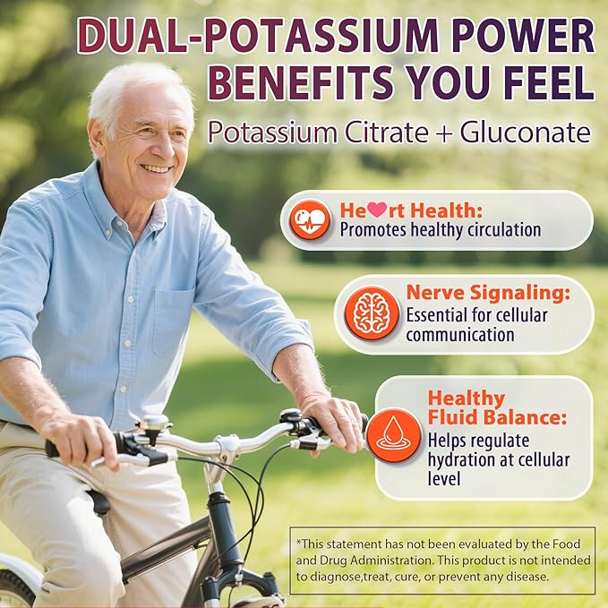 Potassium Citrate and Potassium Gluconate Supplement, 1200mg Two Forms of Potassium Gummies, w/Magnesium, Omega-3, Calcium, Vitamin D3 K2 B12 E B6, Folate for Mṵṣḉḷḙ, Nerves, Health Bones, 60Cts
