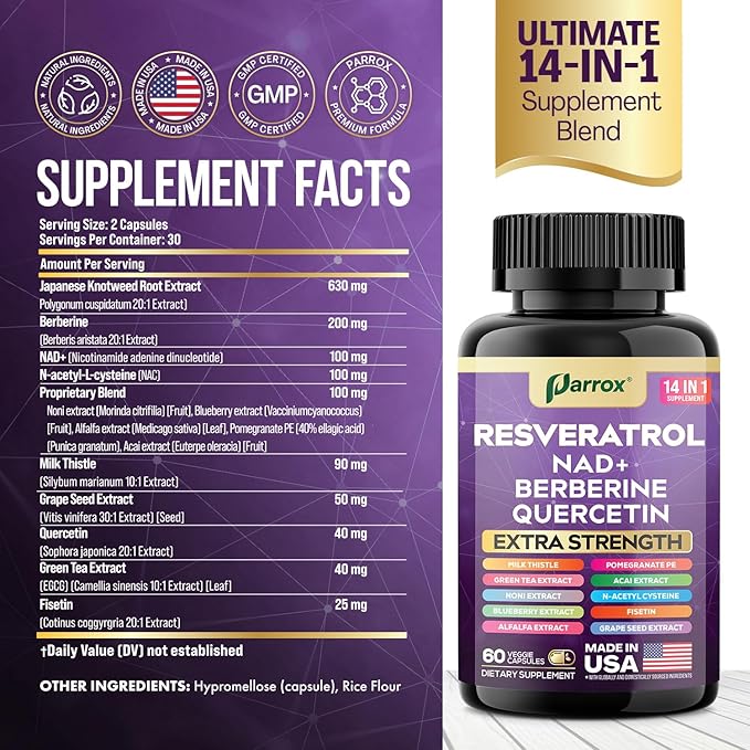 Resveratrol Supplement with Milk Thistle, NAD, Berberine, Quercetin, Fisetin, Pomegranate, Green Tea, Noni, Acai, Blueberry, Grape Seed Extracts, N-Acetyl Cysteine, 14-in-1 Extra Strength (120 Caps)