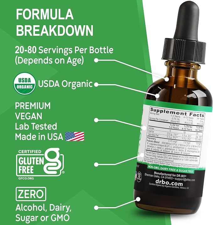 Organic Liquid Probiotic Drops Supplement - Organic Probiotics for Kids, Women & Men, Digestive Gut Health - Vegan Acidophilus Probiotics, Kid Flora Toddler Liquid Probiotic for Kids, Womens, Men 2 Oz