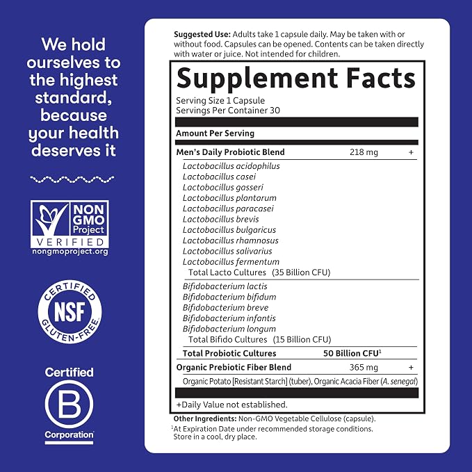 Garden of Life Probiotics for Men, Dr Formulated 50 Billion CFU 15 Probiotics for Digestive Health + Organic Prebiotic Fiber, Colon & Immune Support, Daily Gas Relief, Shelf Stable, 30 Capsules