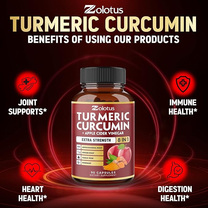 8 in 1 Turmeric Curcumin + Apple Cider Vinegar Capsules, 3 Month Supply with Ashwagandha, Ginger, Garlic Bulb, 95% Standardized Curcuminoids, Joint & Absorption Support