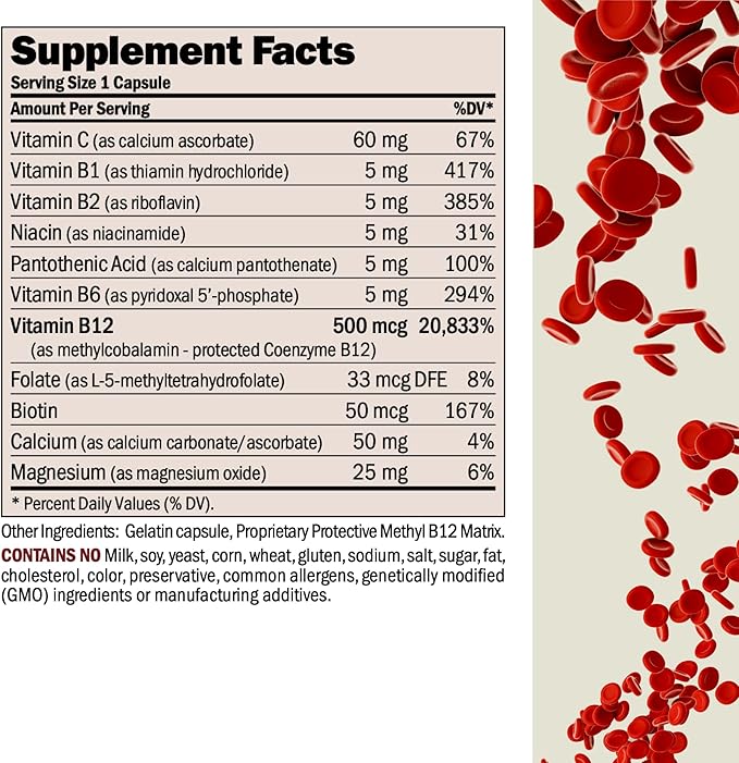 ANDREW LESSMAN Vitamin B12 500 720 Capsules - Absorption-Protected Methylcobalamin (Natural Coenzyme Vitamin B12), Essential for Energy and Stress Support, Plus B-Complex, Easy to Swallow Capsules