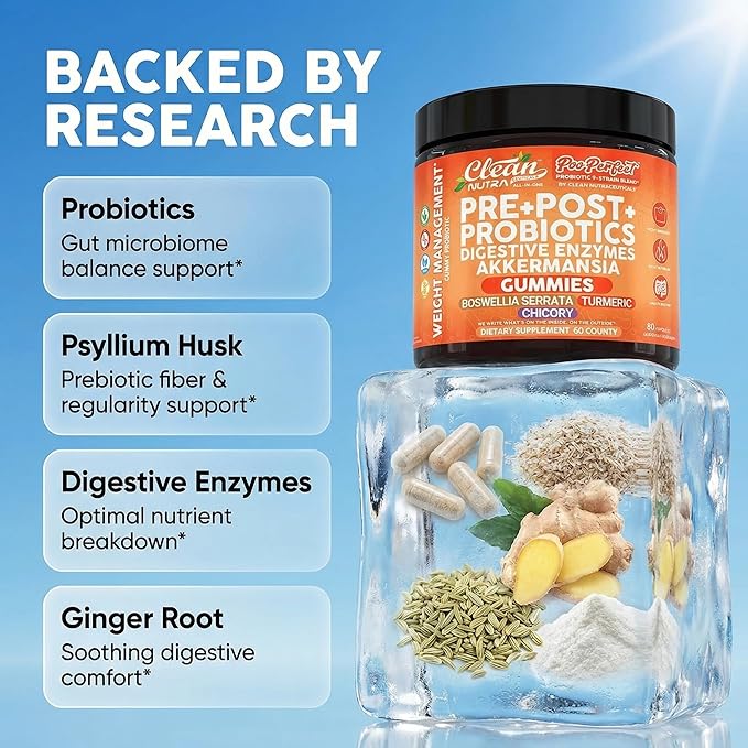 Clean Nutra Prebiotic Postbiotic Digestive Enzymes Gummies with Chicory Root, Boswellia Serrata, Turmeric, and Akkermansia | Pre+Post Probiotics Supplement | 60 Count Gummy | PooPerfect