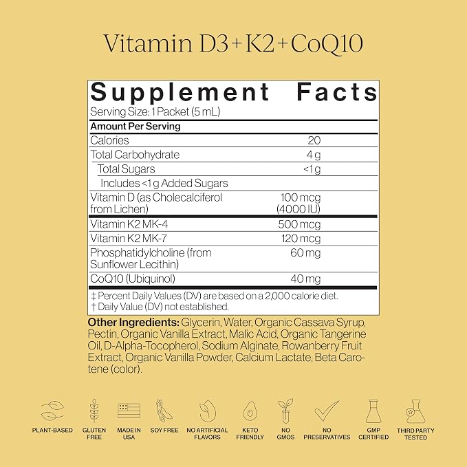 CYMBIOTIKA Liposomal Vitamin D3 + K2 + CoQ10 Liquid Supplement, Enhanced Absorption, Joint + Bone Health, Immune Support, Heart Health, Gluten Free, Soy Free, Plant-Based, 28 5 mL Packets