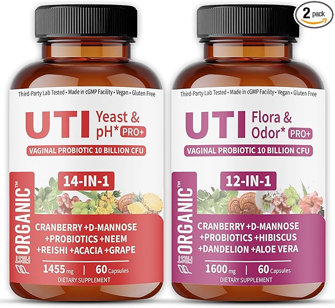 UTI Flora & Odor Pro+ & UTI Yeast & pH Pro+ | Pack of 2 | Vaginal Probiotics for Feminine Hydration & Freshness Support | Third-party Tested, cGMP Facility, Vegan, Non-GMO, Gluten-Free | 60+60 Caps