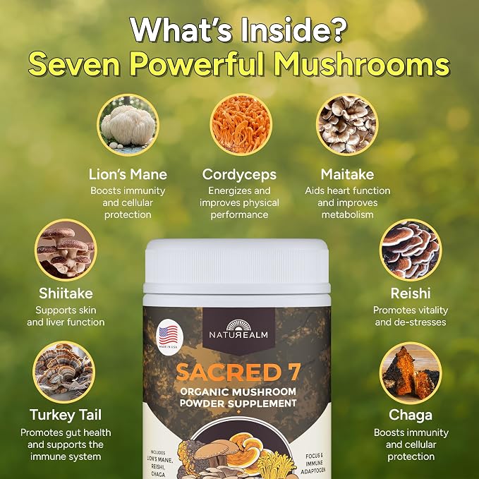 Sacred 7 Mushroom Powder Supplement, 7-in-1 Blend (60 Day Supply) | Immune Defense, Focus & Energy Support | Coffee Enhancer | Lion’s Mane, Reishi, Chaga | Organic 100% Fruiting Body Extract