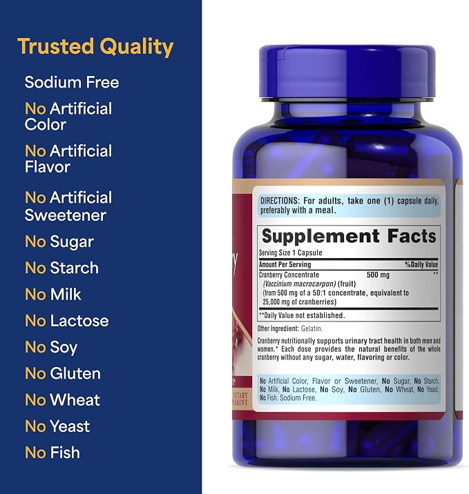 Puritan's Pride Naturally Sourced Cranberry One Per Day Fruit Concentrate 500mg, 50:1 Dietary Supplement for Urinary Tract Support, 4 Month Supply, 120 Rapid Release Capsules