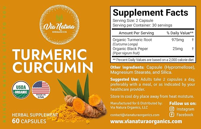 Turmeric Curcumin 1000mg | Organic Herbal Supplement | Natural Antioxidant | 60 Capsules