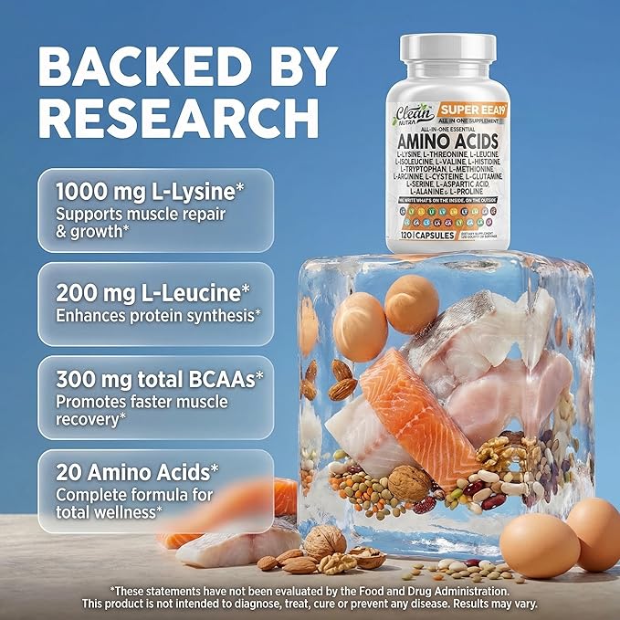 Clean Nutraceuticals Amino Acids Supplement L-Lysine, L-Threonine, L-Leucine, Isoleucine, Valine, L-Histidine, L-Tryptophan, L-Methionine, L-Arginine, L-Cysteine, L-Glutamine, L-Serine, Aspartic Acid
