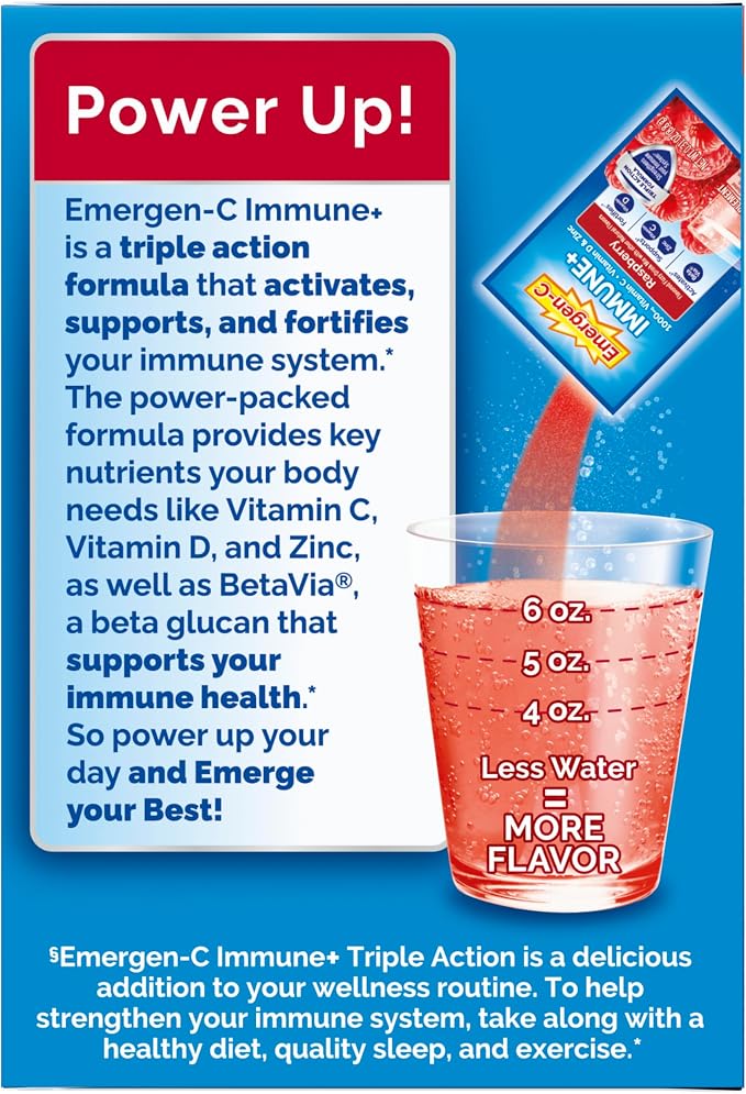 Emergen-C Immune+ Triple Action Immune Support Powder, BetaVia (R), 1000mg Vitamin C, B Vitamins, Vitamin D and Antioxidants, Raspberry – 30 Count
