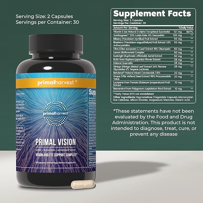 Primal Harvest Primal Vision with Lutein, Zeaxanthin, Vitamin A and Zinc for Eye Health, Blue Light Support and Visual Clarity